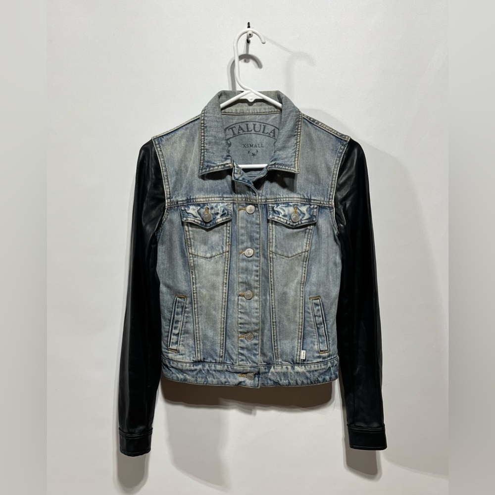 Aritzia‎ Talula Harem distressed denim jacket with faux leather sleeves Size XS